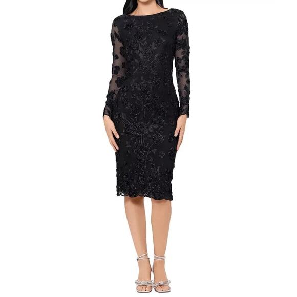 Aqua Long Sleeve Embroidered 3D Floral Applique Dress Black Sheath Women's 12 - Picture 1 of 14